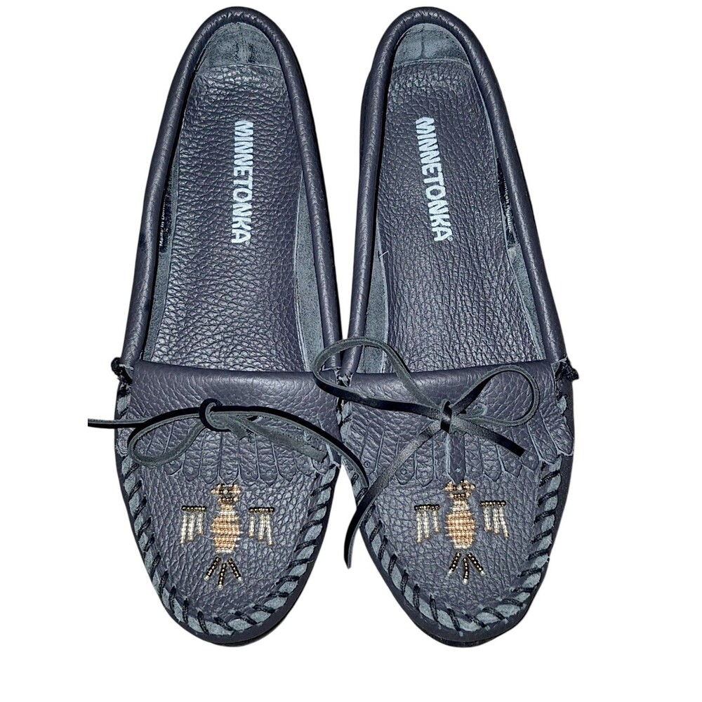 Vintage Minnetonka Black Leather Thunderbird Beaded Moccasins Women's Size 6.5